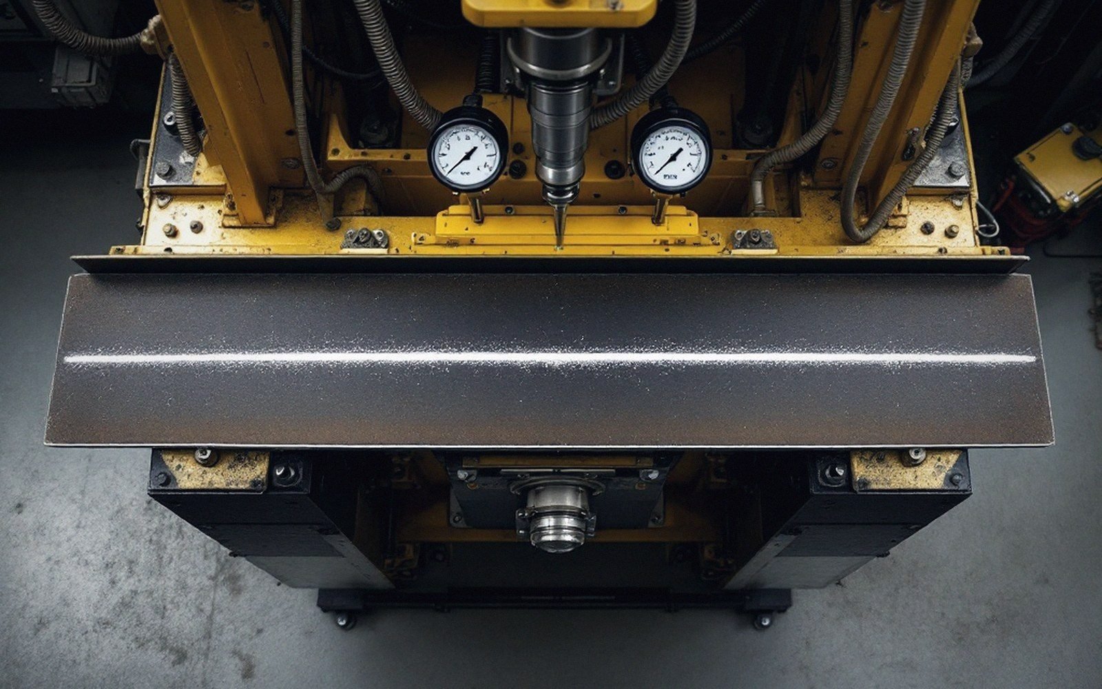 A steel beam under load in a test frame, dial gauges positioned, chalk line marked