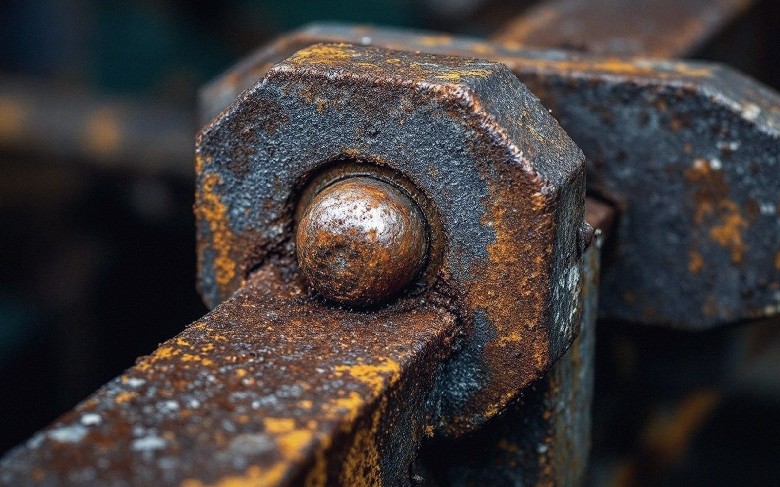 A corroded pinned eyebar joint detail on an old bridge