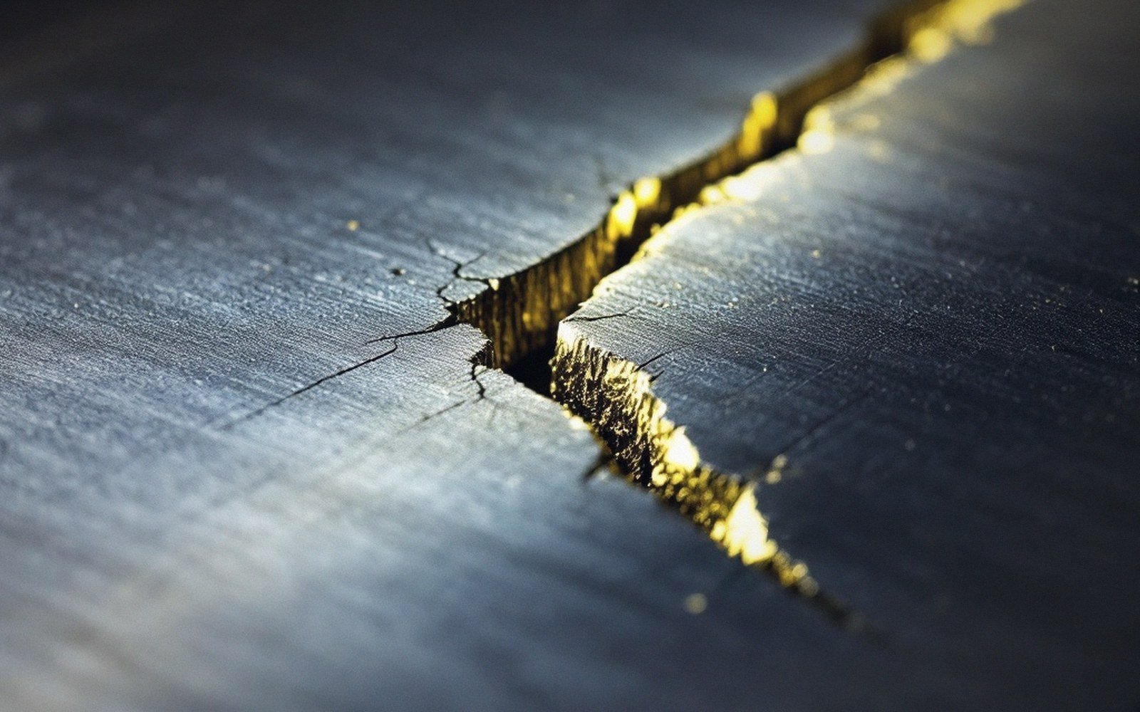 Close-up of a jagged crack filled with golden light running across a dark metal surface