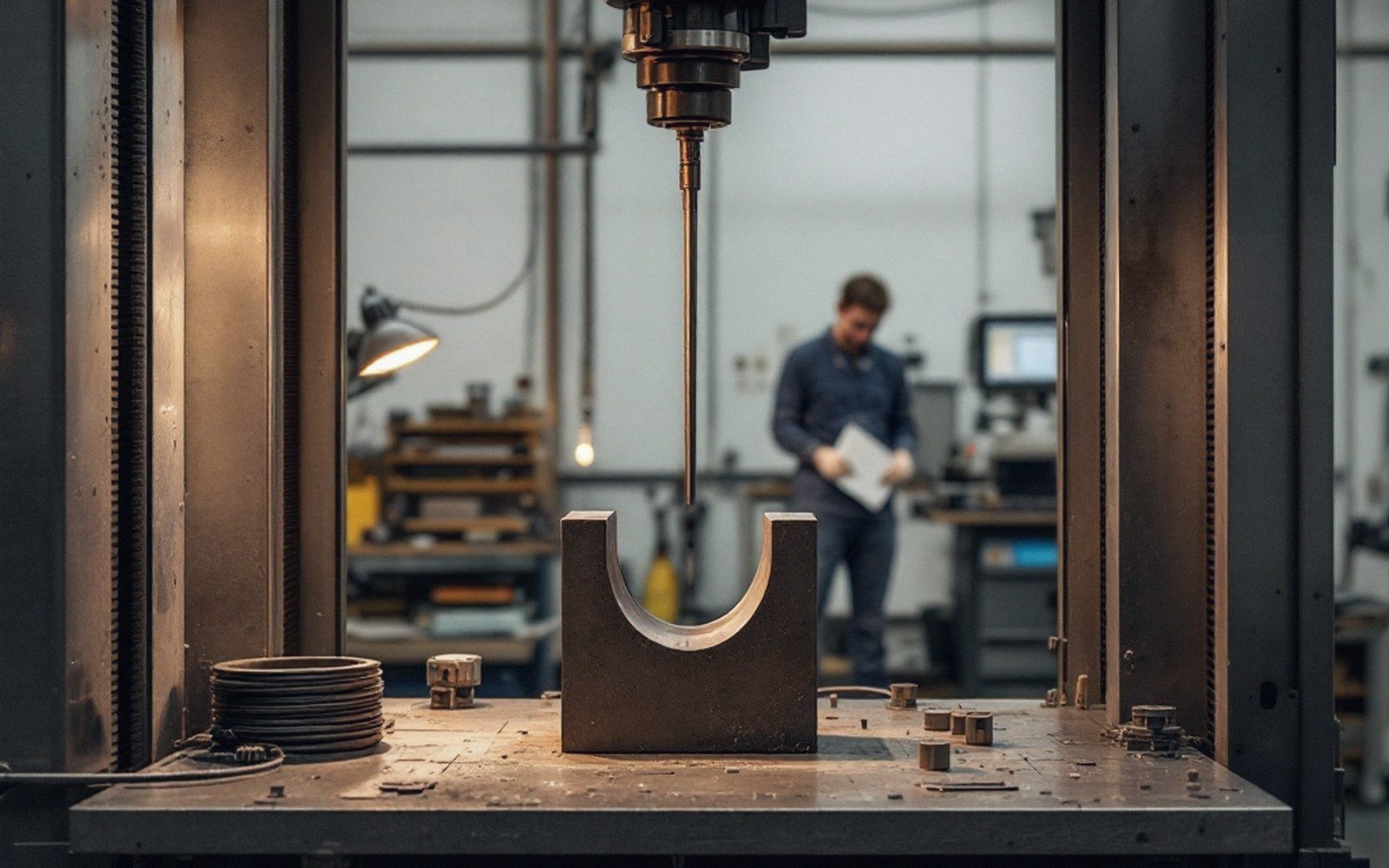 A metal press positioned above a curved steel block on a workshop table