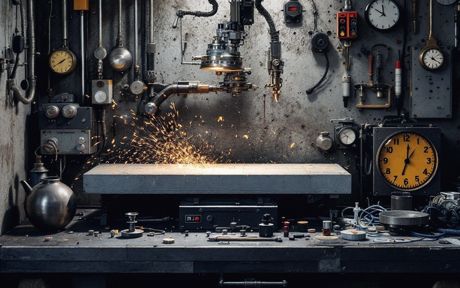 A robotic welding arm sends sparks over a metal block surrounded by gauges and clocks