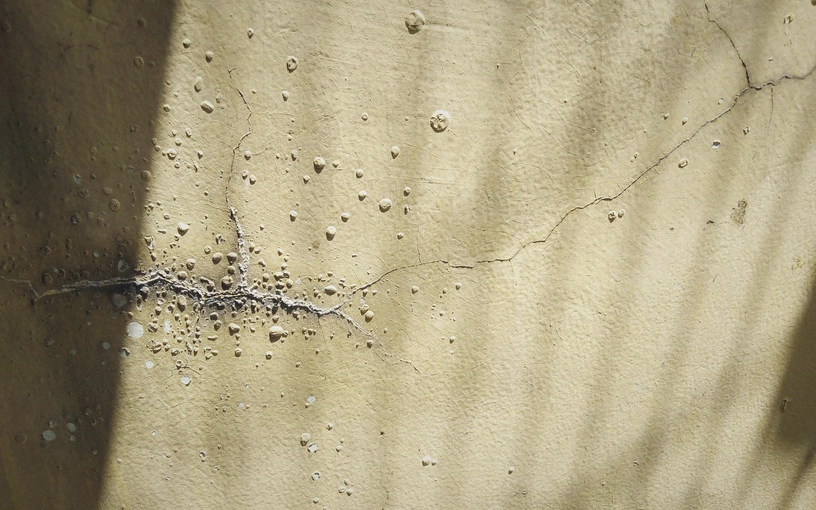 A hairline crack runs across a textured plaster wall with scattered surface bumps