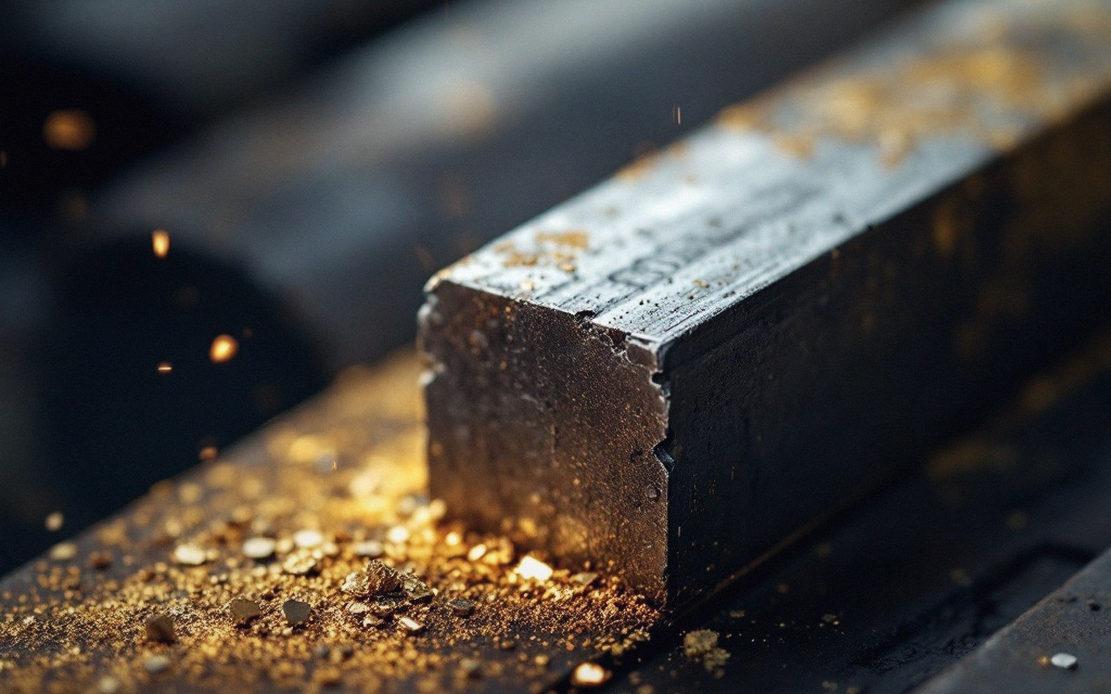 Metal bar edge covered in golden sparks and shavings during machining