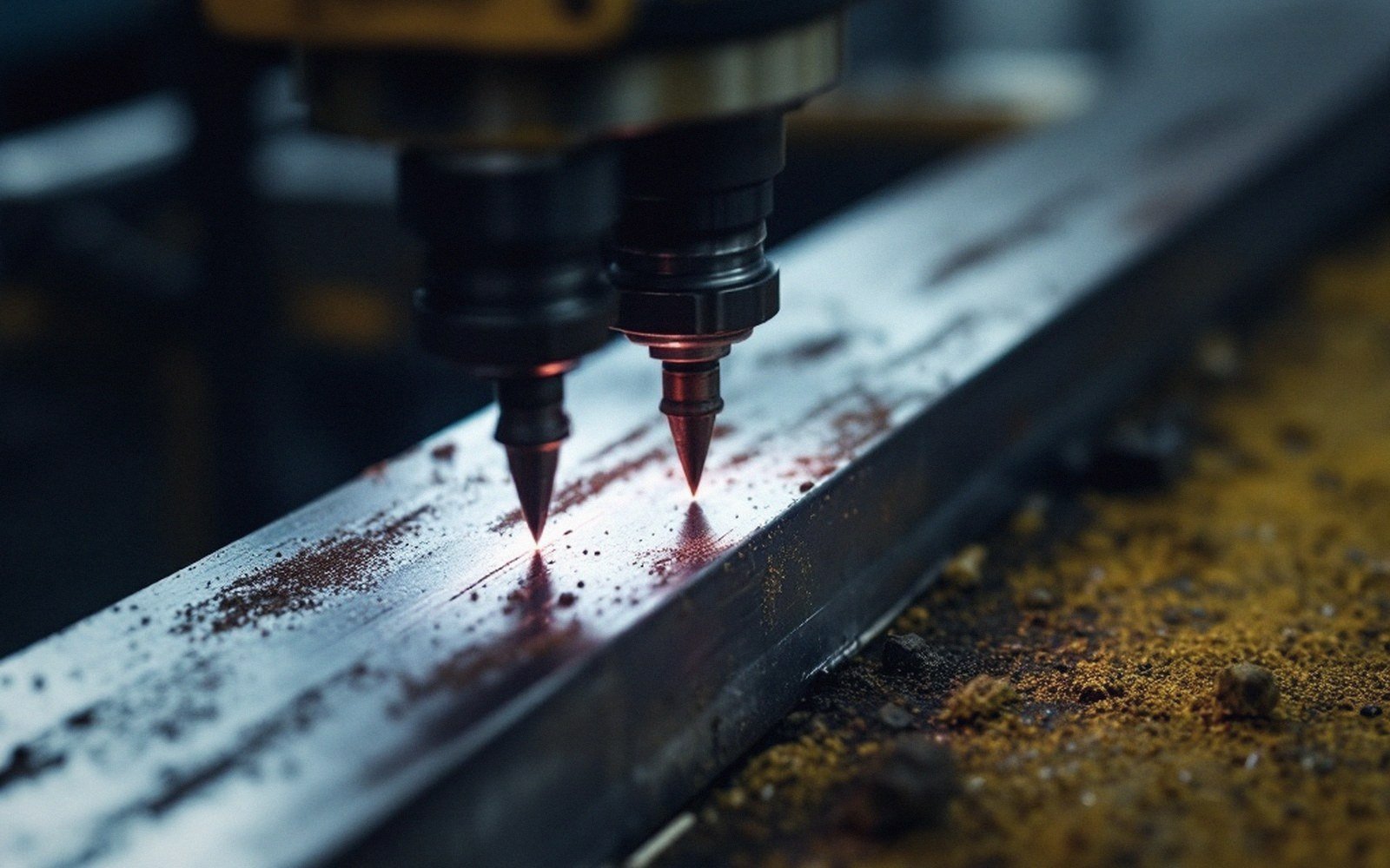 Twin laser measuring probes glow red on a metal beam's surface