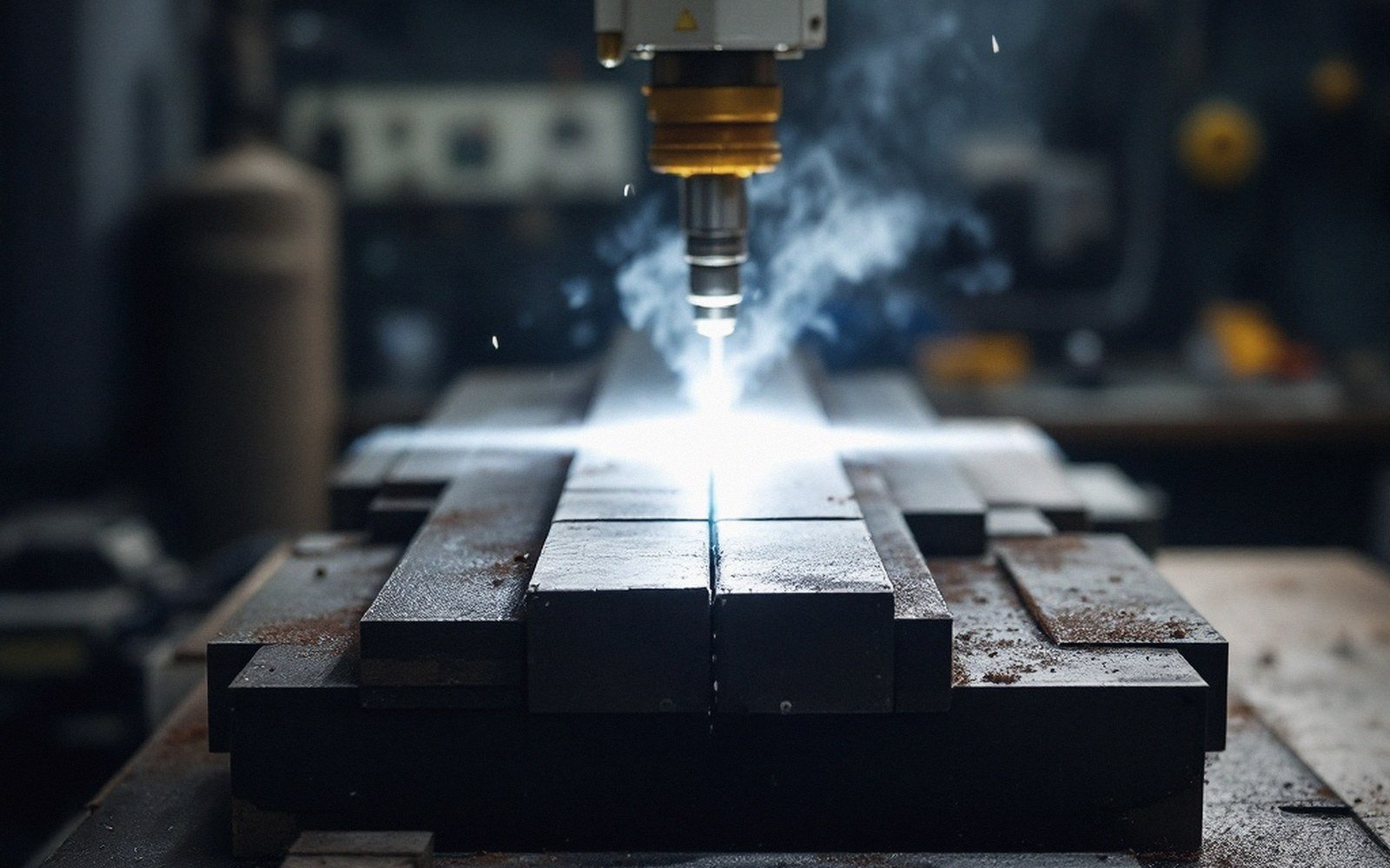 A laser cutting tool emits a bright beam onto stacked metal bars in a workshop
