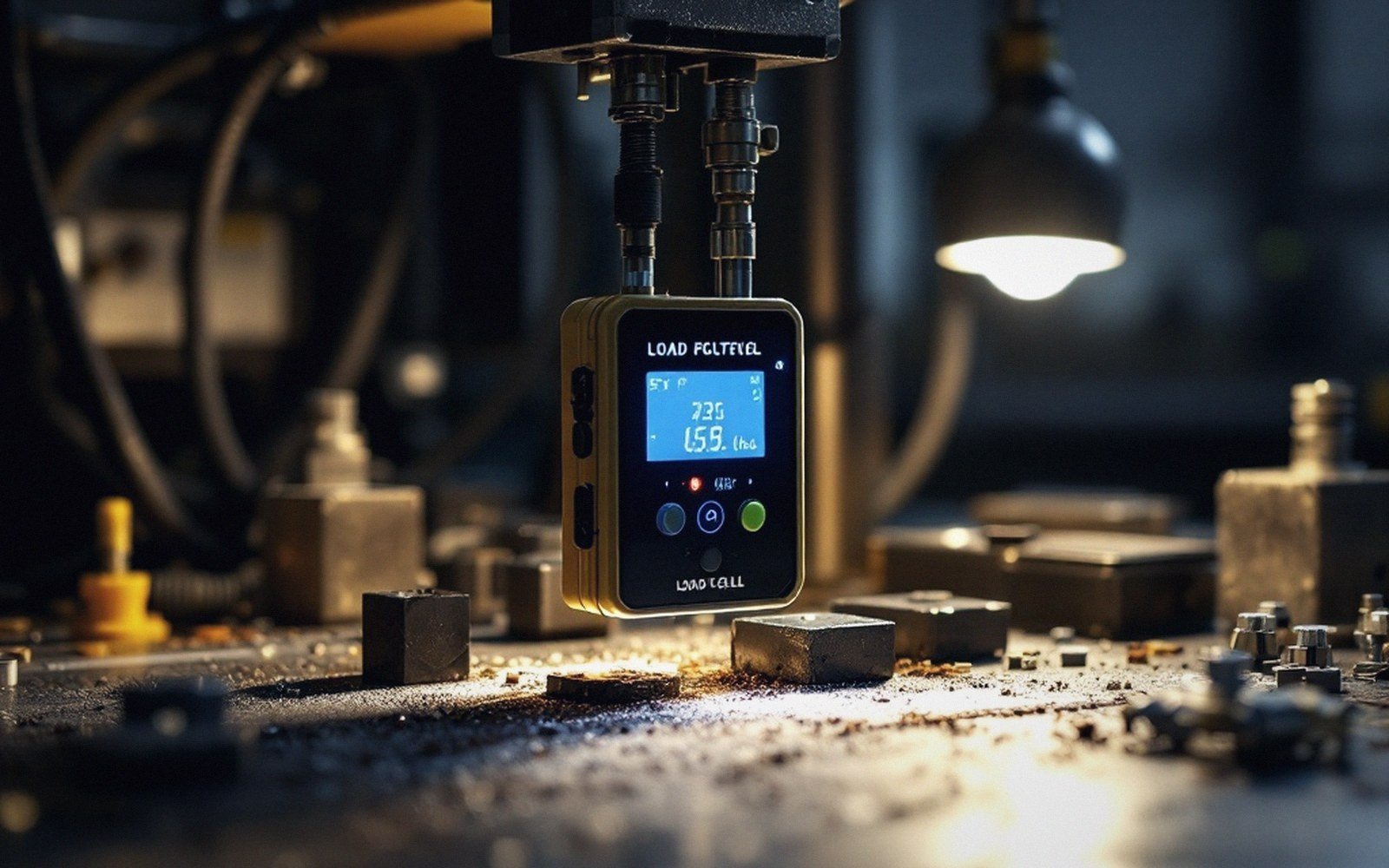A load cell in a test rig, cabling and mounting hardware, laboratory light