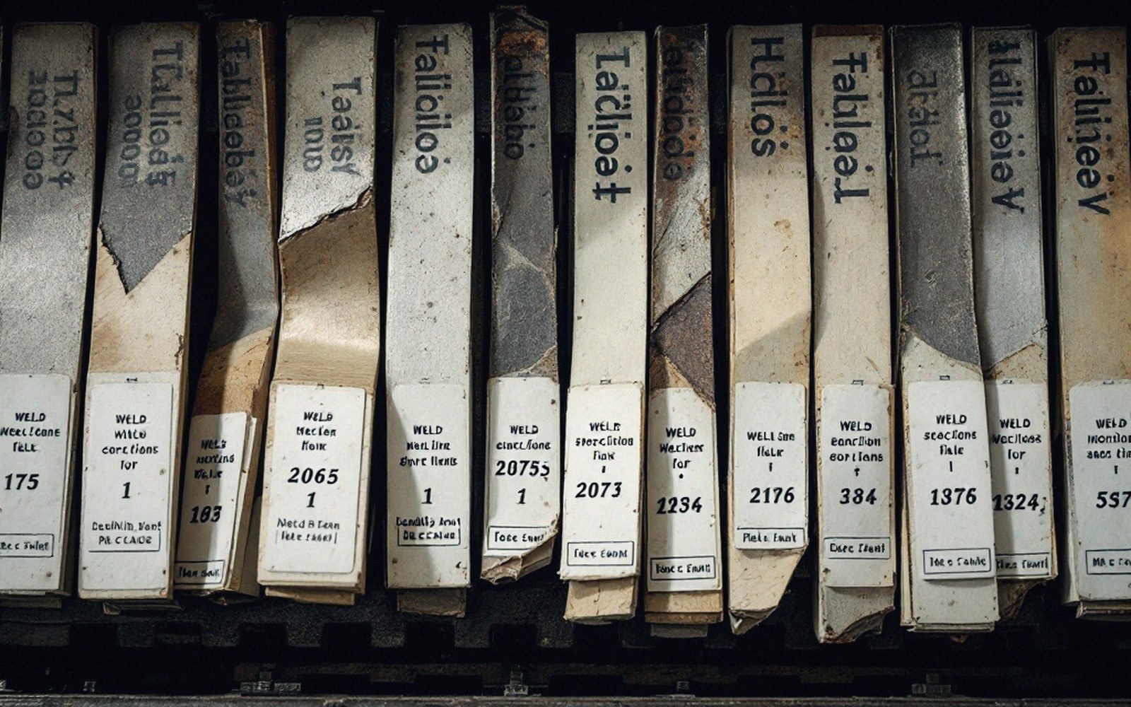 A rack of tested tensile coupons kept as evidence, necked and broken, labelled